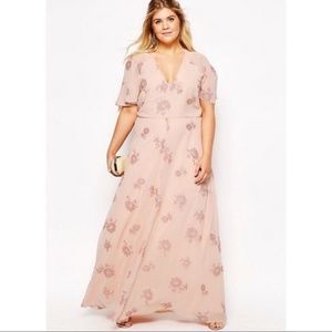 Asos Curve Flutter Sleeve Pink Maxi Rose Gold